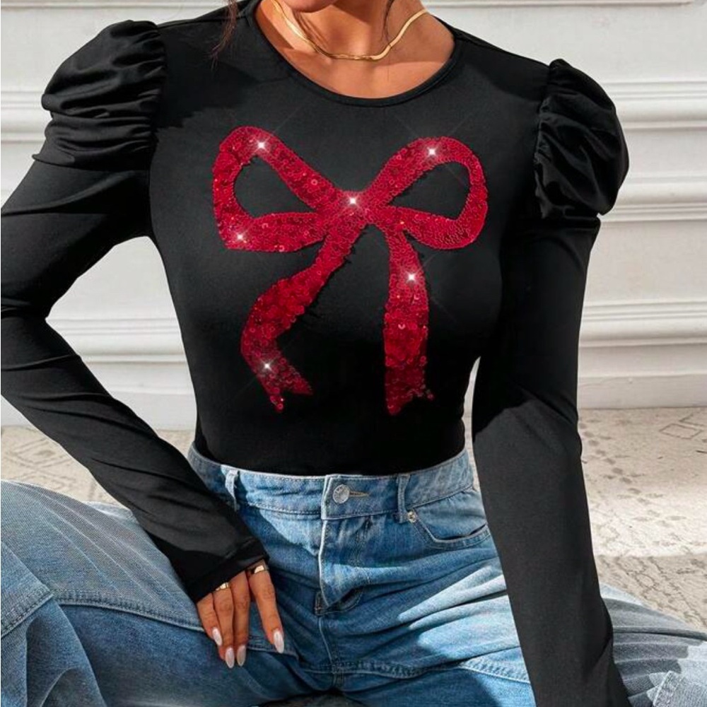 Puff Sleeve Sequined Bow Top